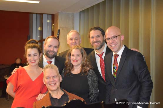 "A Goyishe Christmas" company (left to right) Lauren Worsham, Steven Blier, Cantor Joshua Breitzer, Alan R. Kay, Donna Breitzer, Joshua Jeremiah & Alex Mansoori - photo by Bruce-Michael Gelbert