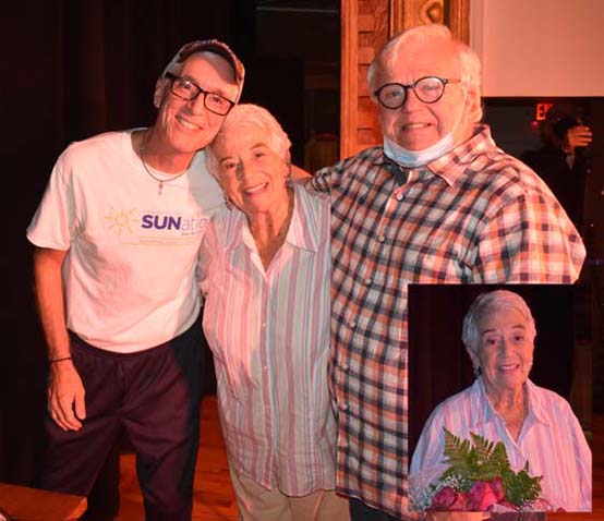 Gay Nathan (center) with director Matt Baney (left) & APCG President Thom “Panzi” Hansen (right), inset photo - Gay Nathan  Photos by Bruce-Michael Gelbert